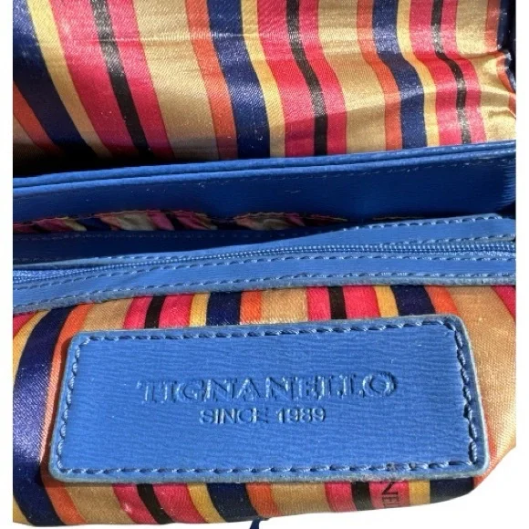 Tignanello Leather Crossbody Bag Blue Adjustable Strap Colorful Striped Lining - Picture 2 of 15
